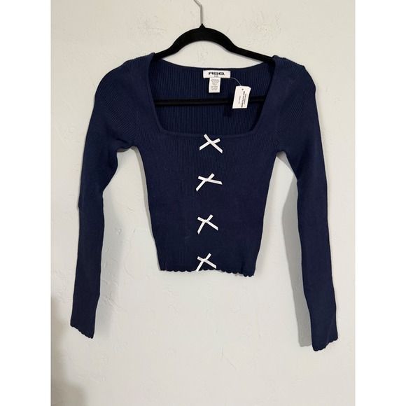 RSQ Tops - RSQ Navy Blue Ribbed Square Neck Long Sleeve Cropped Sweater Small